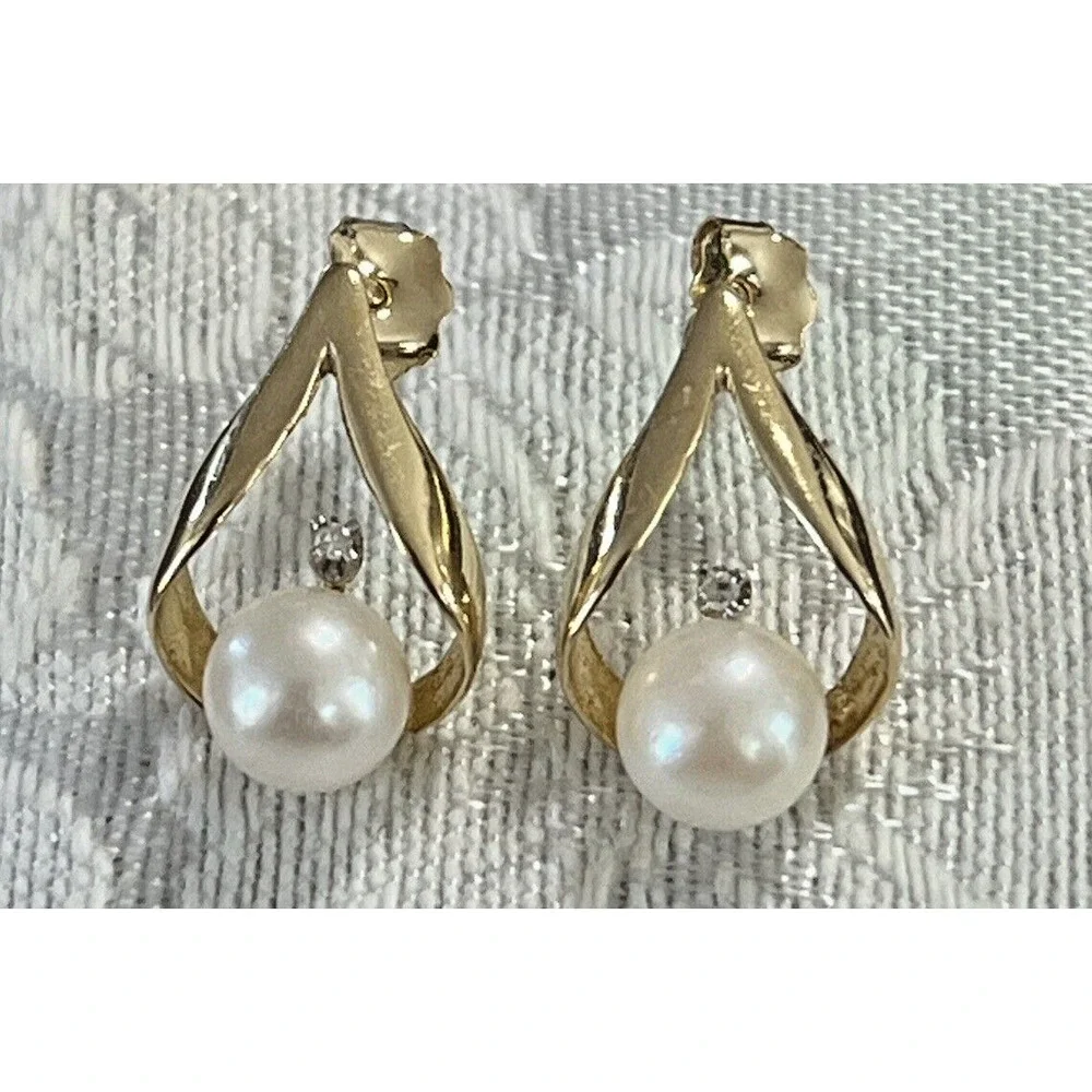Vintage Signed UL 14K Gold Pearl Diamond Drop Pierced Earrings - Picture 9 of 10